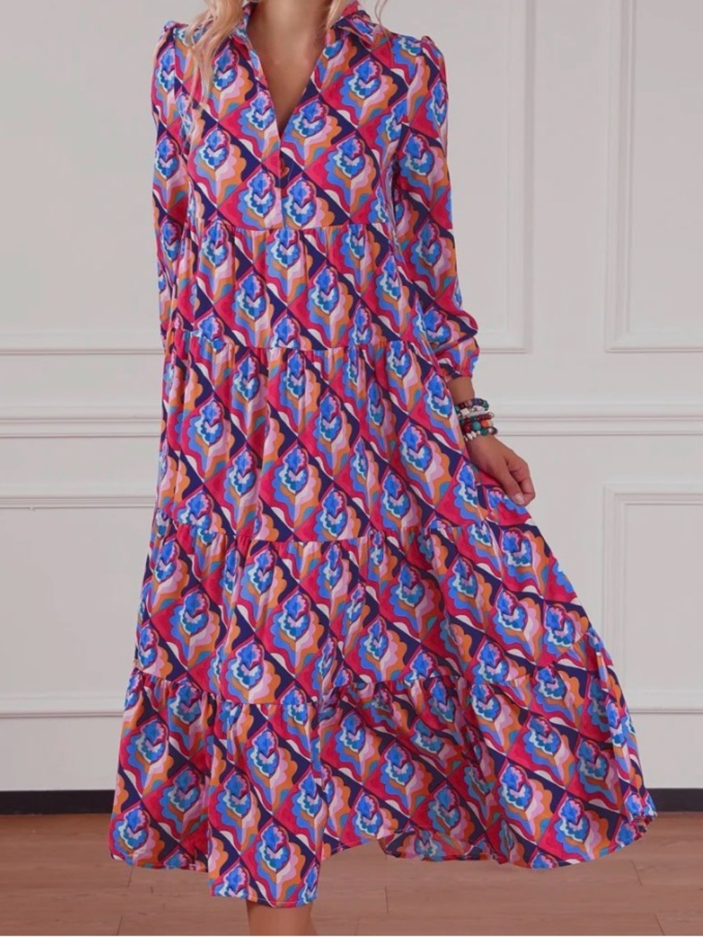 Source Unknown Pink and Blue Geometric Tiered Maxi Dress